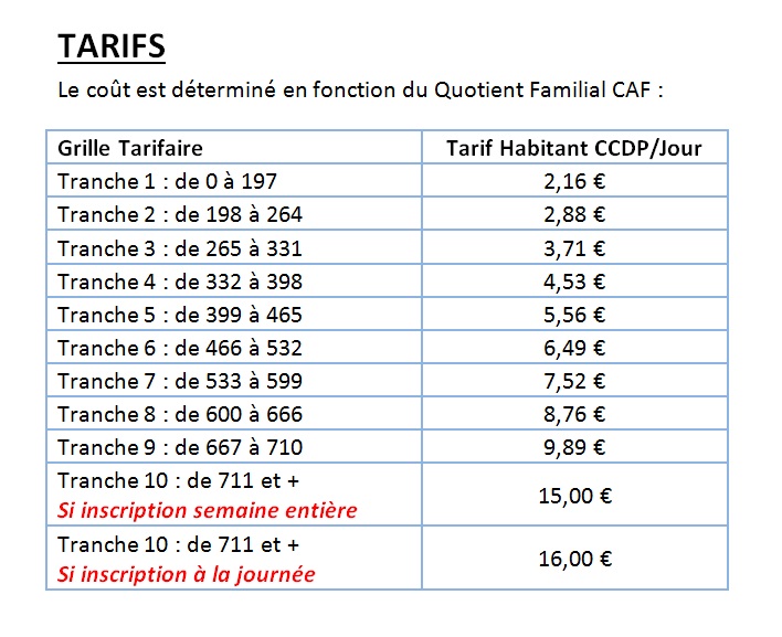 Tarifs vacances ALSH